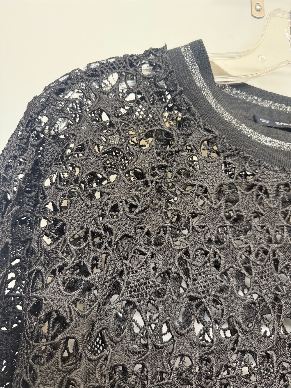 Zara Black Openwork Crochet Metallic Star Knit Top - Picture 3 of 7